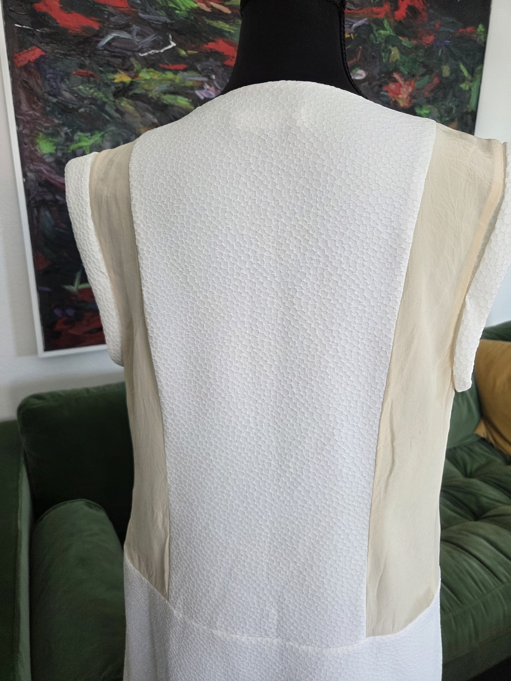 Rebecca Taylor Ivory White Textured Shift Dress with Cream Silk Panels, Size 8 - Picture 4 of 9